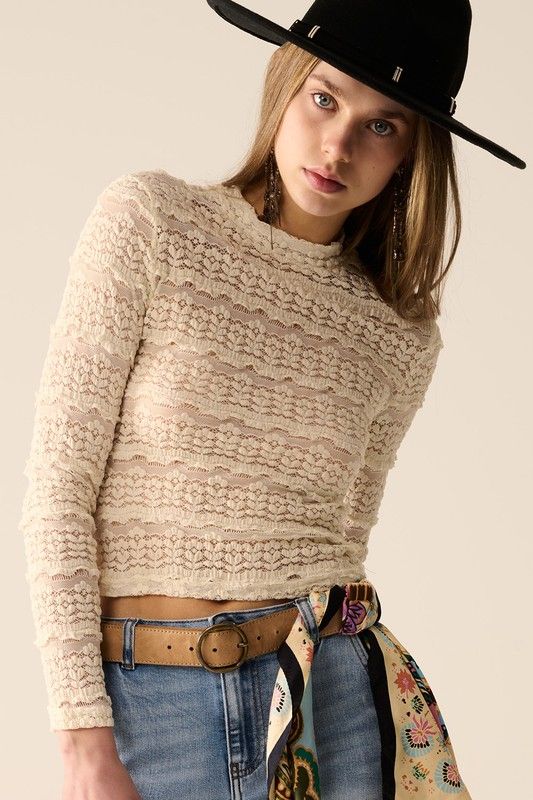 Lace Long Sleeve Tee-Cream