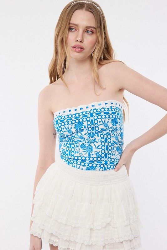 Vintage Floral Crop Top-Blue