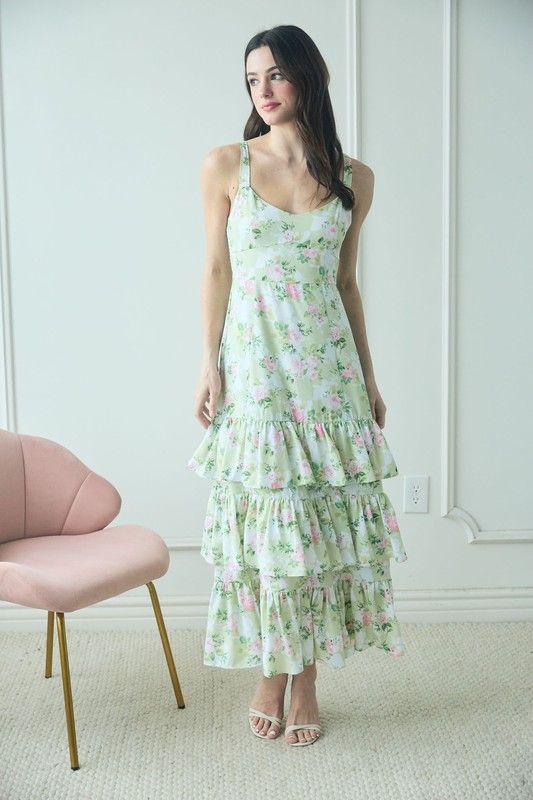 Floral Tiered Maxi Dress-Green