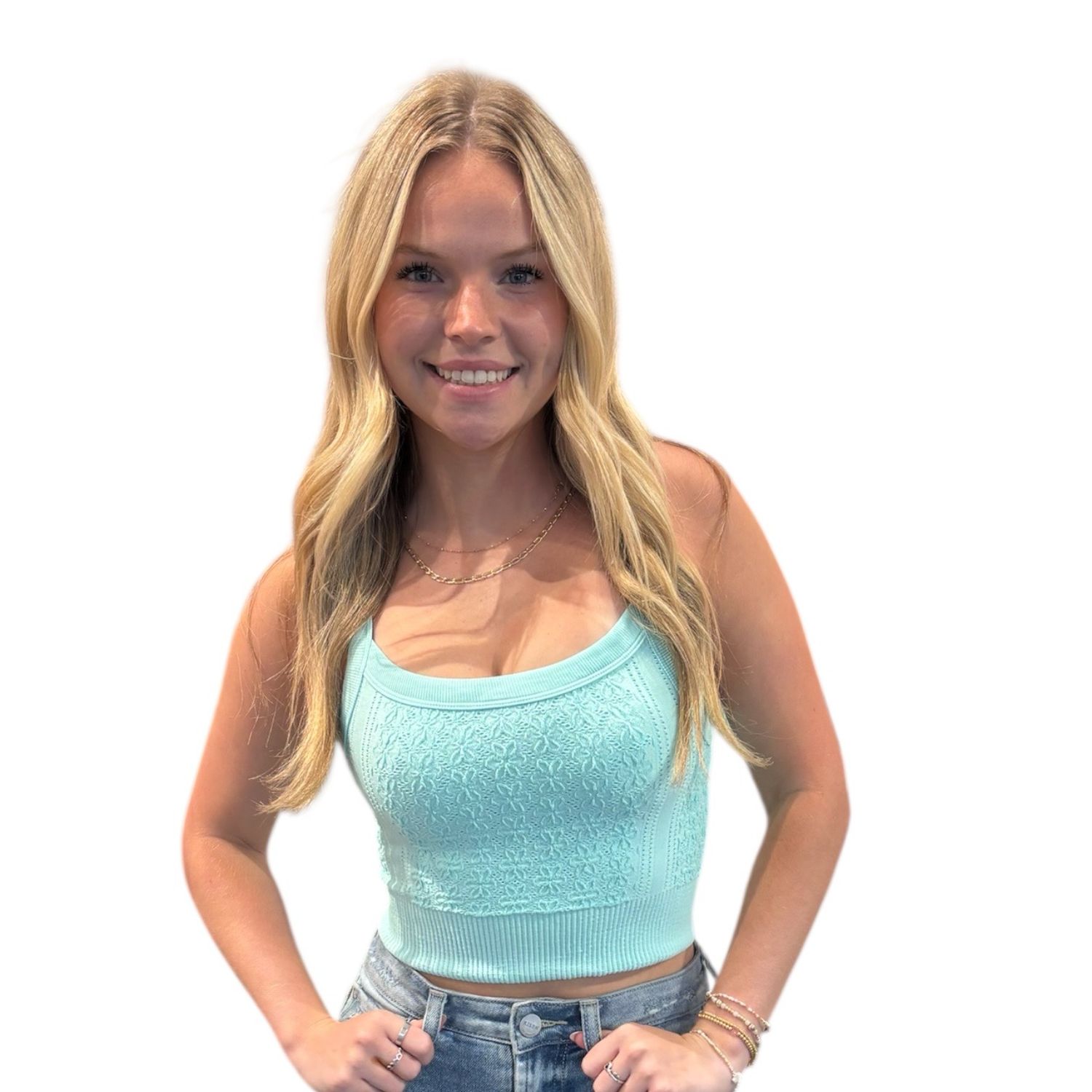 Floral Lace Tank-Aqua