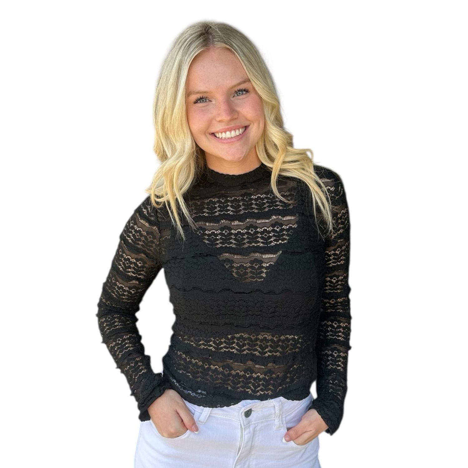 Lace Long Sleeve Tee-Blk