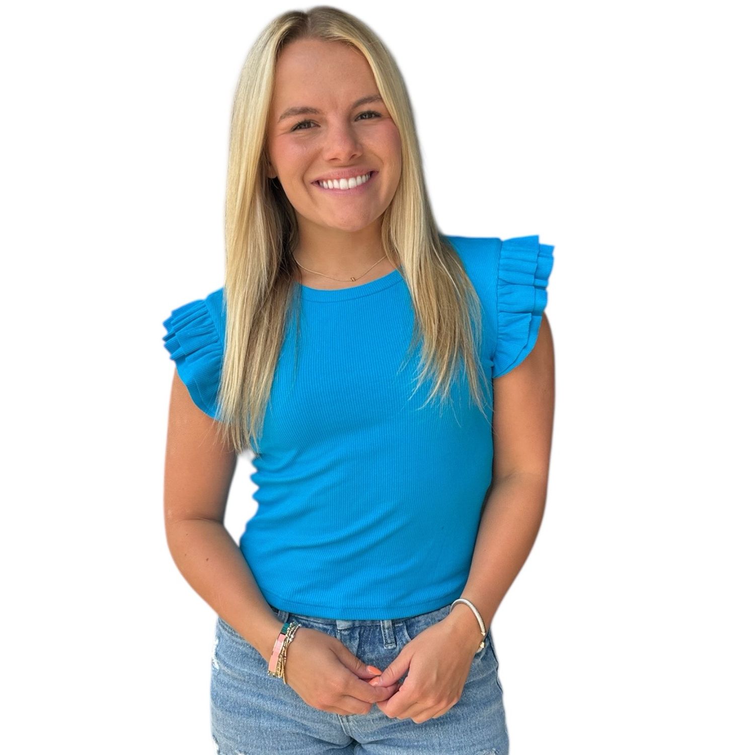 Janie Ruffle Sleeve Tee-Blue