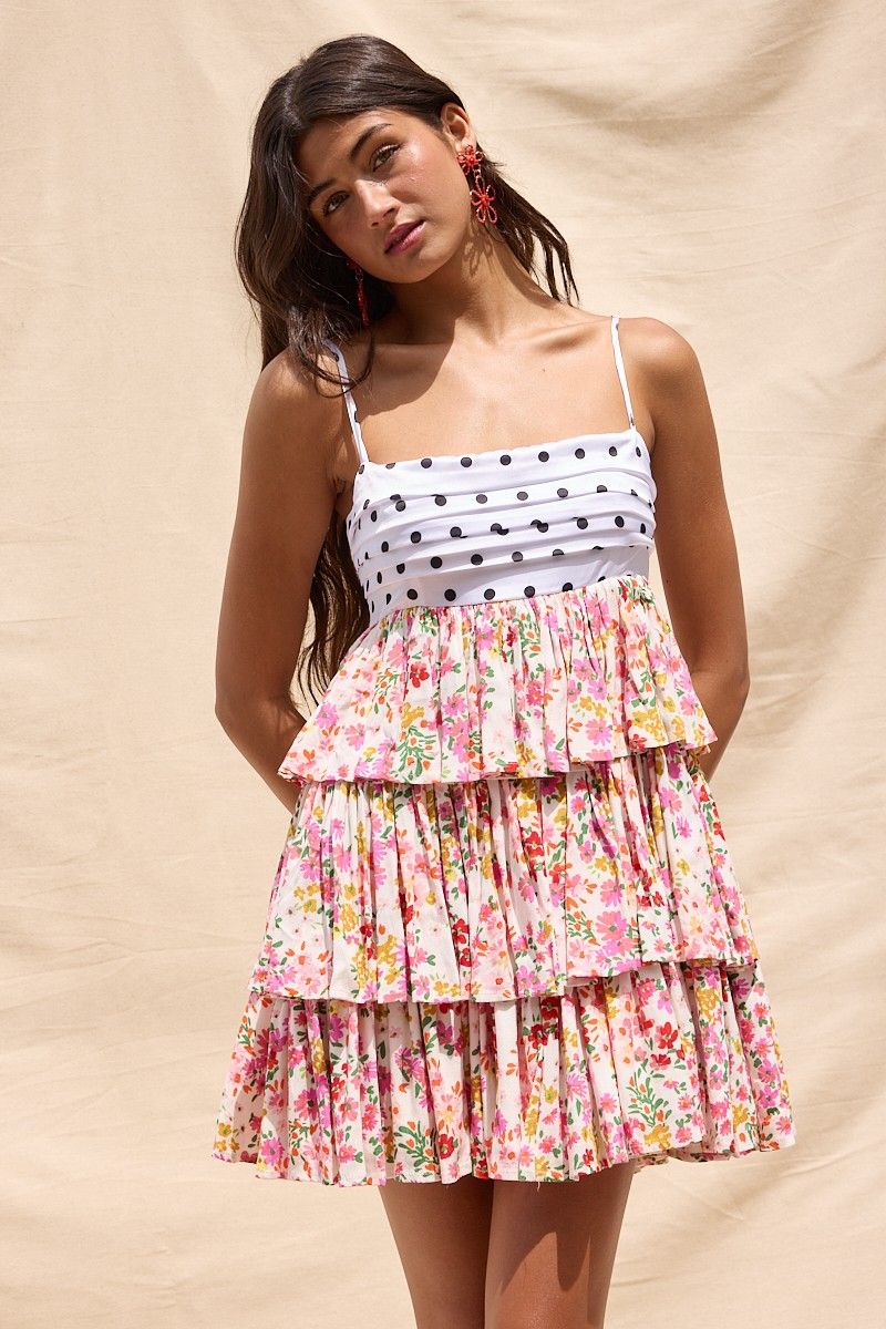 Dots N Floral Dress-Cream