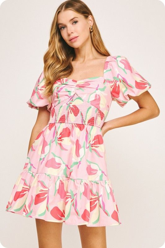 Sweet Floral Mini Dress-Pink