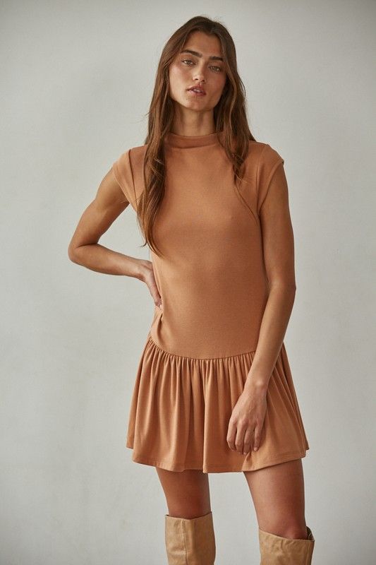 Harlowe Mock Neck Dress-Camel