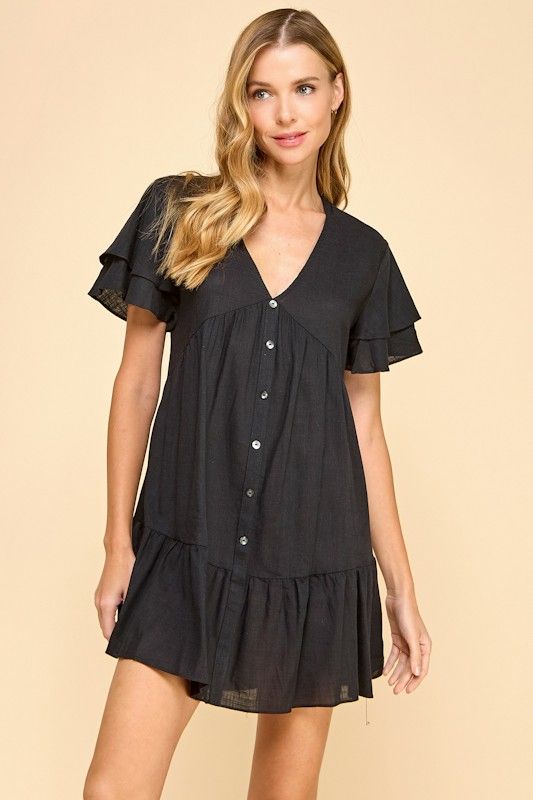 Linen Blend Button Dress-Blk