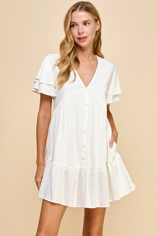 Linen Blend Button Dress-Wht