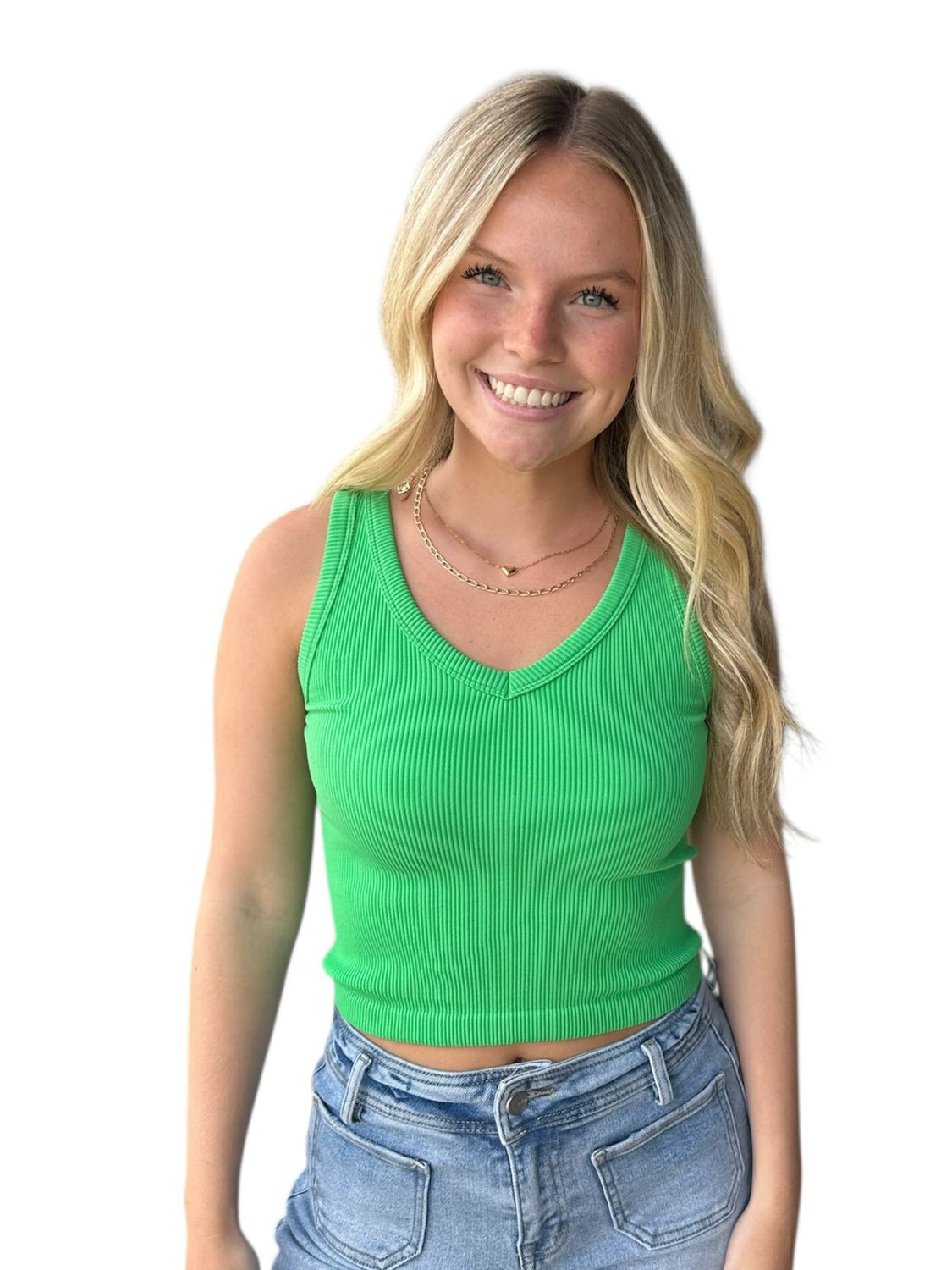 New Rib V Neck-Green