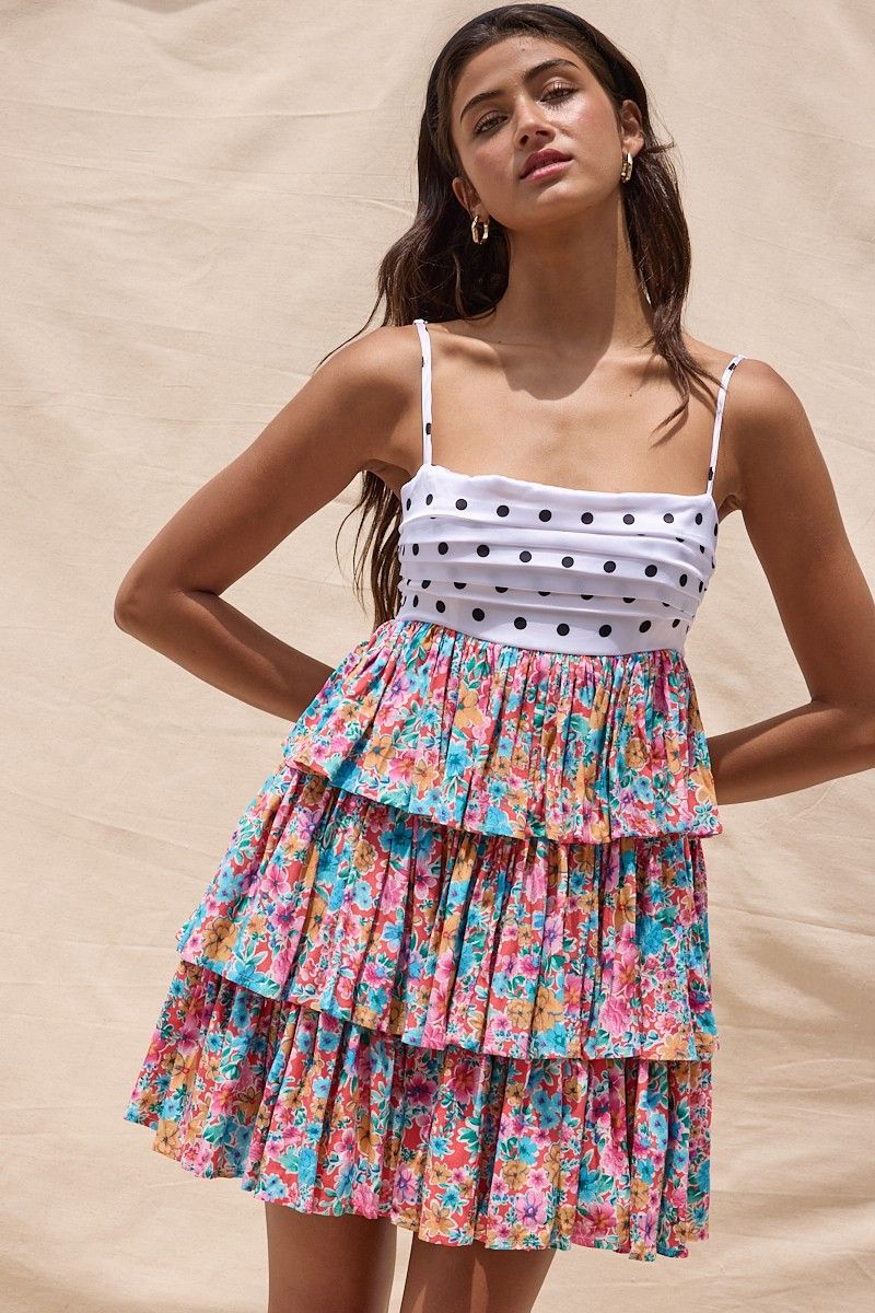 Dots N Floral Dress-Pink
