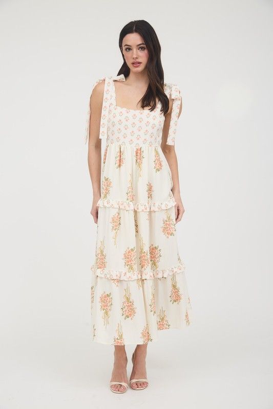 Bouquet Tie Strap Dress-peach
