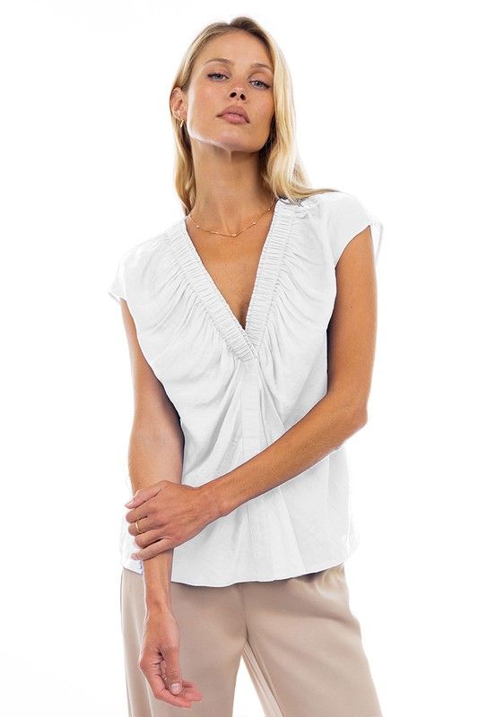 Rouched V Neck Blouse-Wht