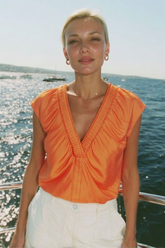 Rouched V Neck Blouse-Orange