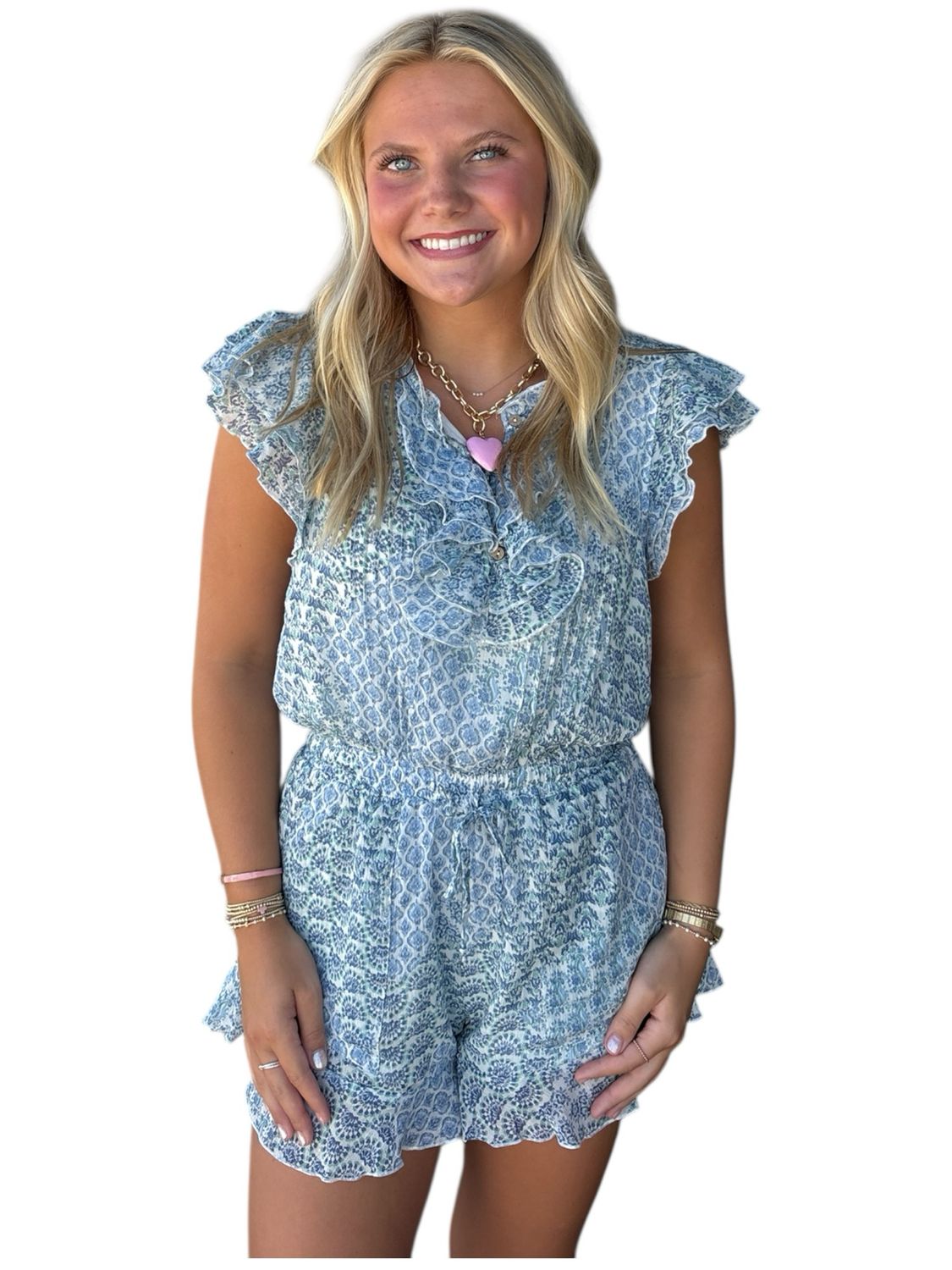 Ella Ruffle Romper-Blue