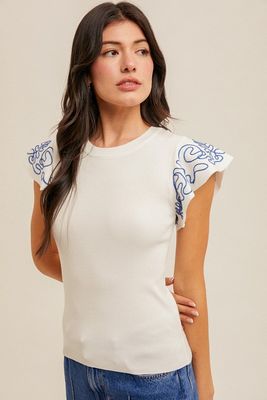 Emb Sleeve Ruffle Sweater-Wht