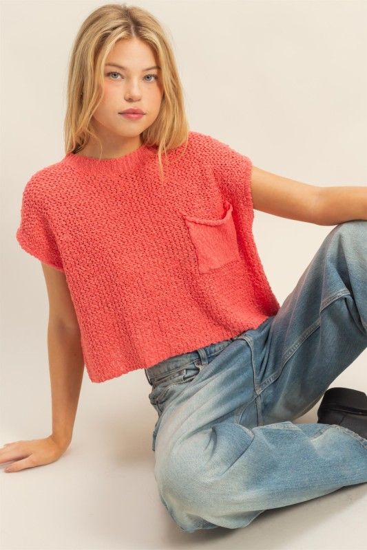 Henley Crop Sweater-Coral