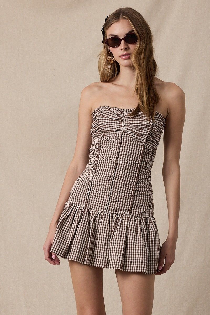 Checked Mini Dress-Choc