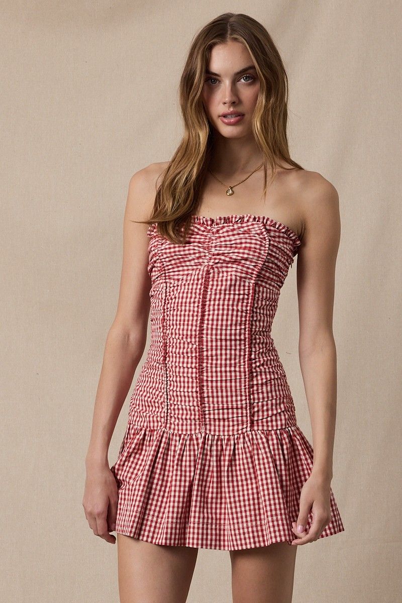 Checked Mini Dress-Red