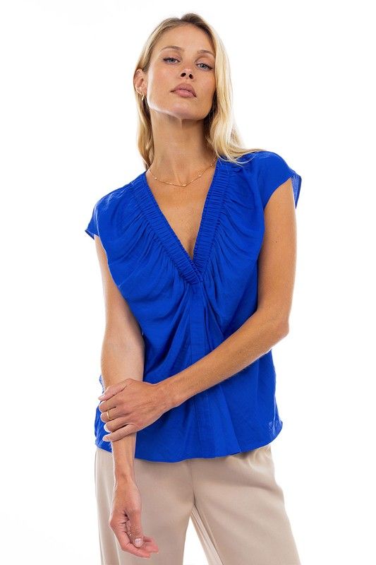Rouched V Neck Blouse-Royal