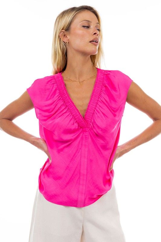 Rouched V Neck Blouse-Pink