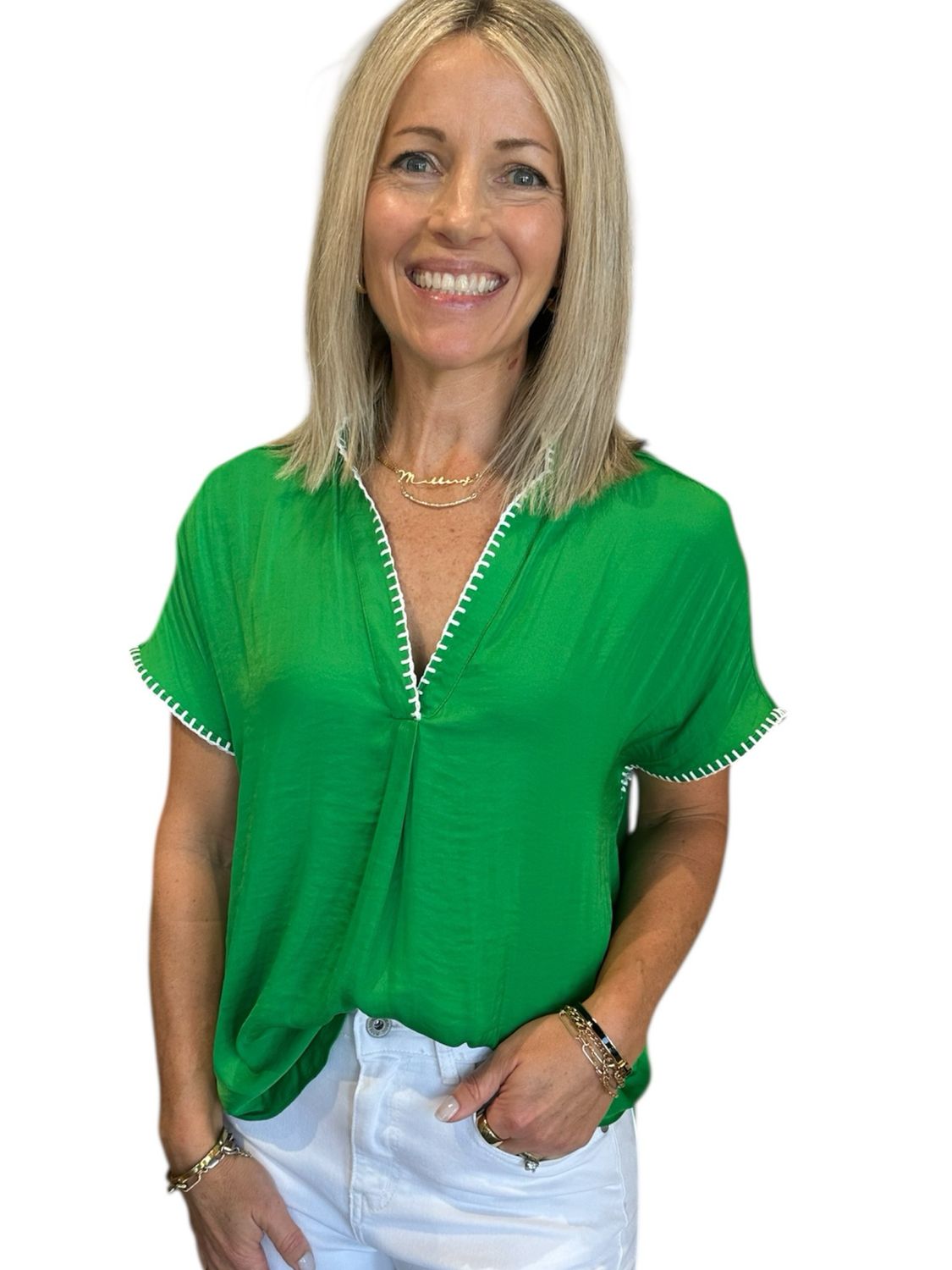 Whip Stitch Silky Blouse-Gren