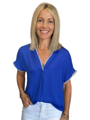 Whip Stitch Silky Blouse-Royal