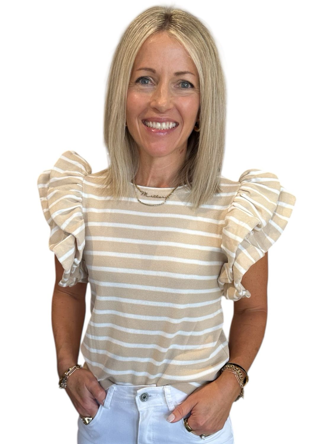 Mallory Ruffle Sleeve Top-Tan