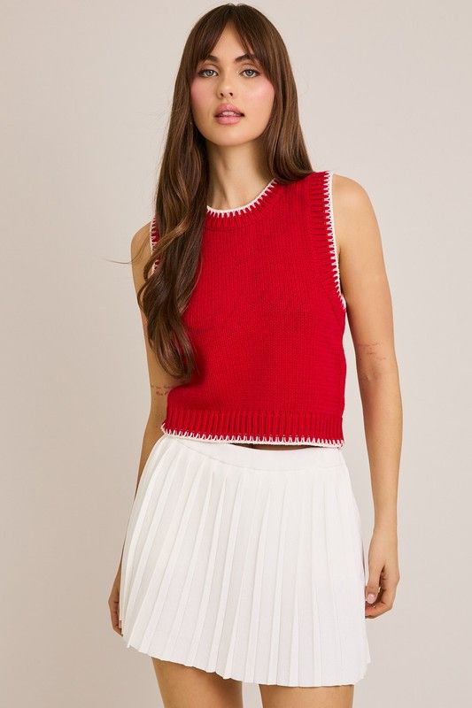 Stitched Up Sweater Tank-Red