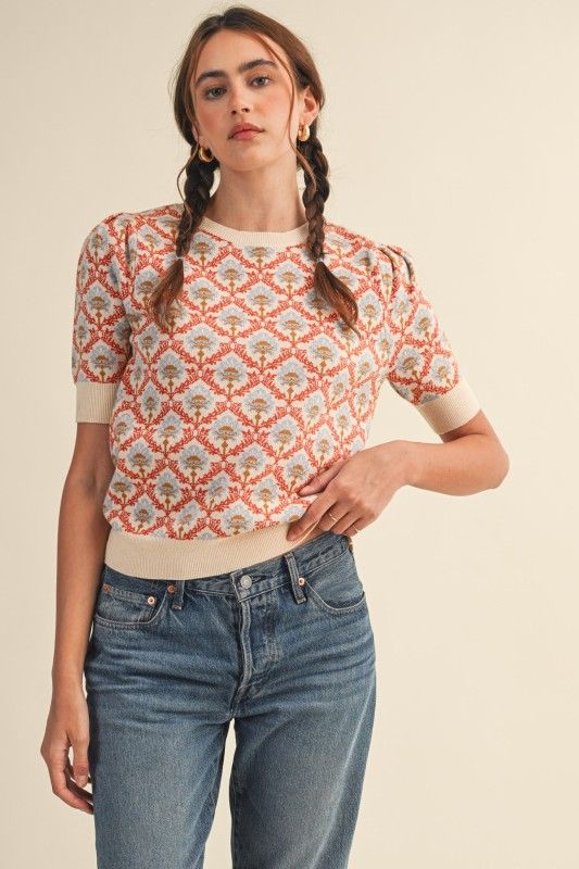 Retro Print Sweater-Orange