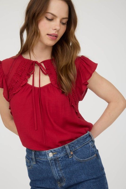 Kaci Keyhole Blouse-Red