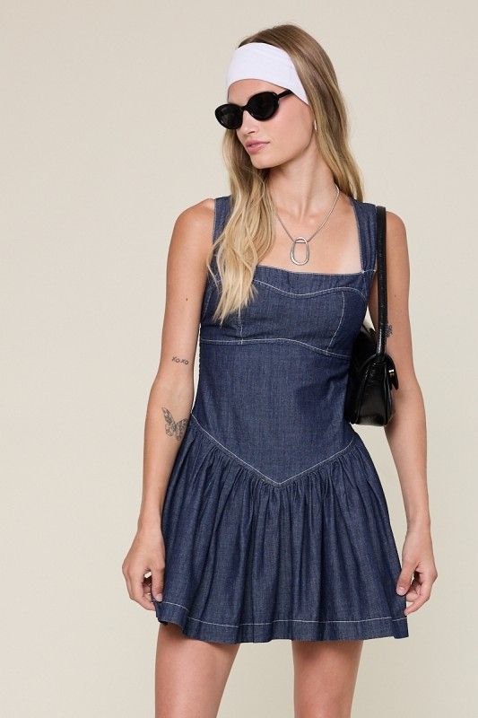 Denim Cross Back Dress-Dark