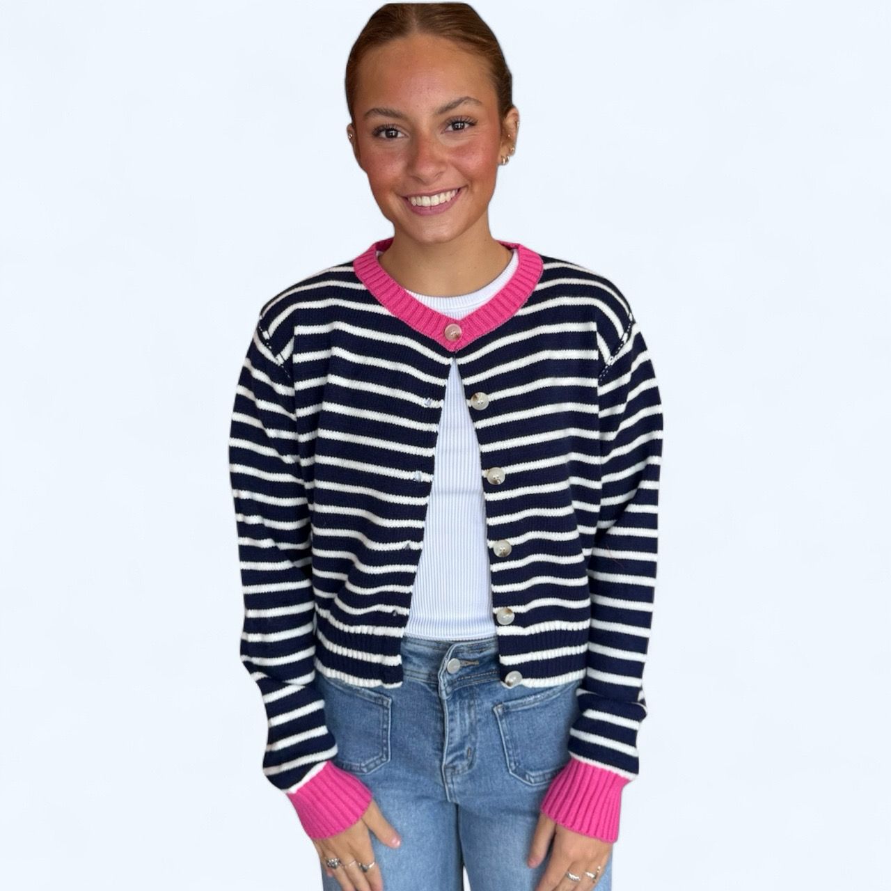 Caroline Stripe Cardi-NVY
