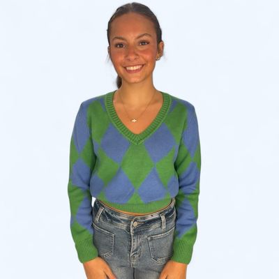 Argyle Cropped Sweater-Blue