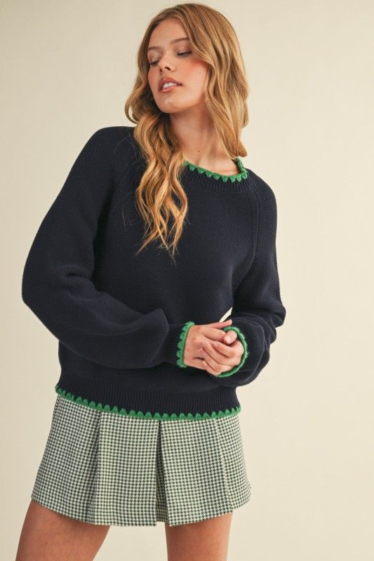 Pique Contrast Sweater-Navy