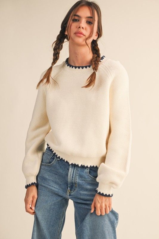 Pique Contrast Sweater-Ivory
