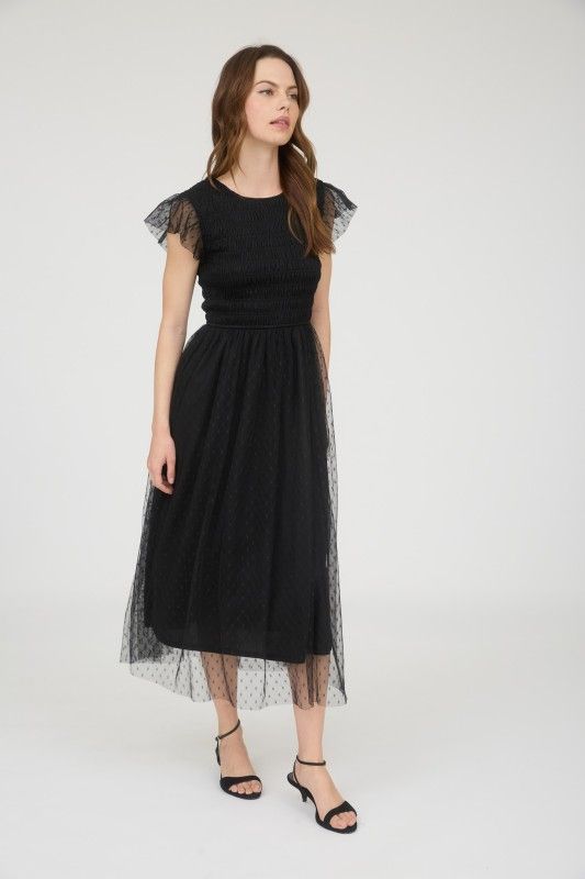 Dotty Chiffon Midi Dress-Blk,