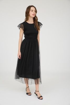 Dotty Chiffon Midi Dress-Blk,