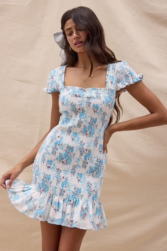 Bow Print Bodycon Dress-Blue