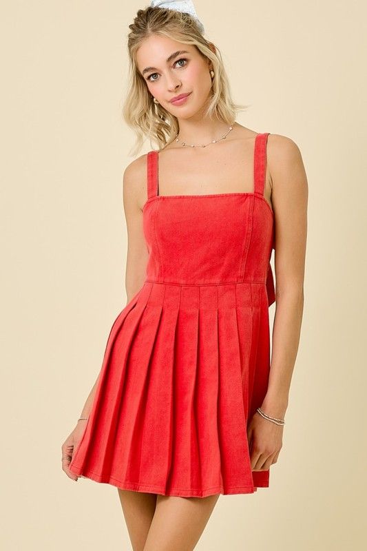 Tia Tie Back Denim Dress-Red