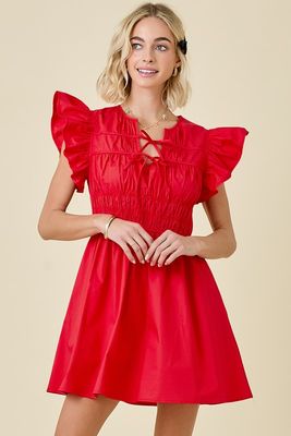 Everly Tie Front Dress-Red