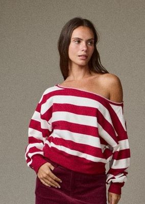 Rugby Stripe Off Shoulder-Crimson