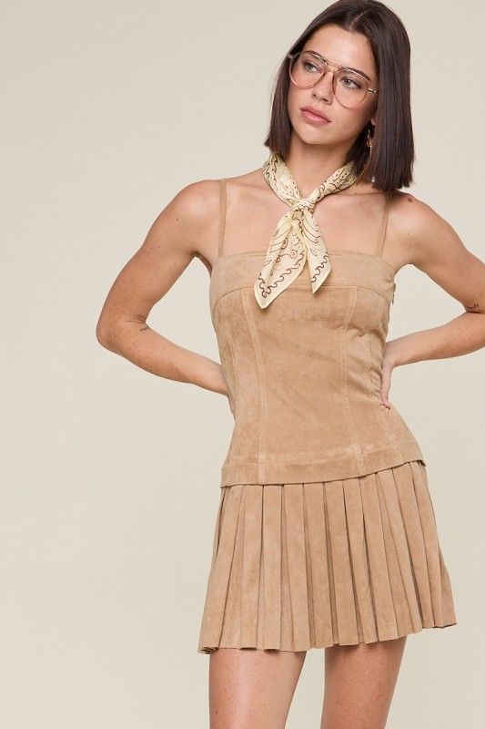 Pleated Suede Mini Dress