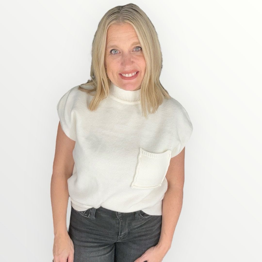 Mock Neck Pocket Sweater-Cream
