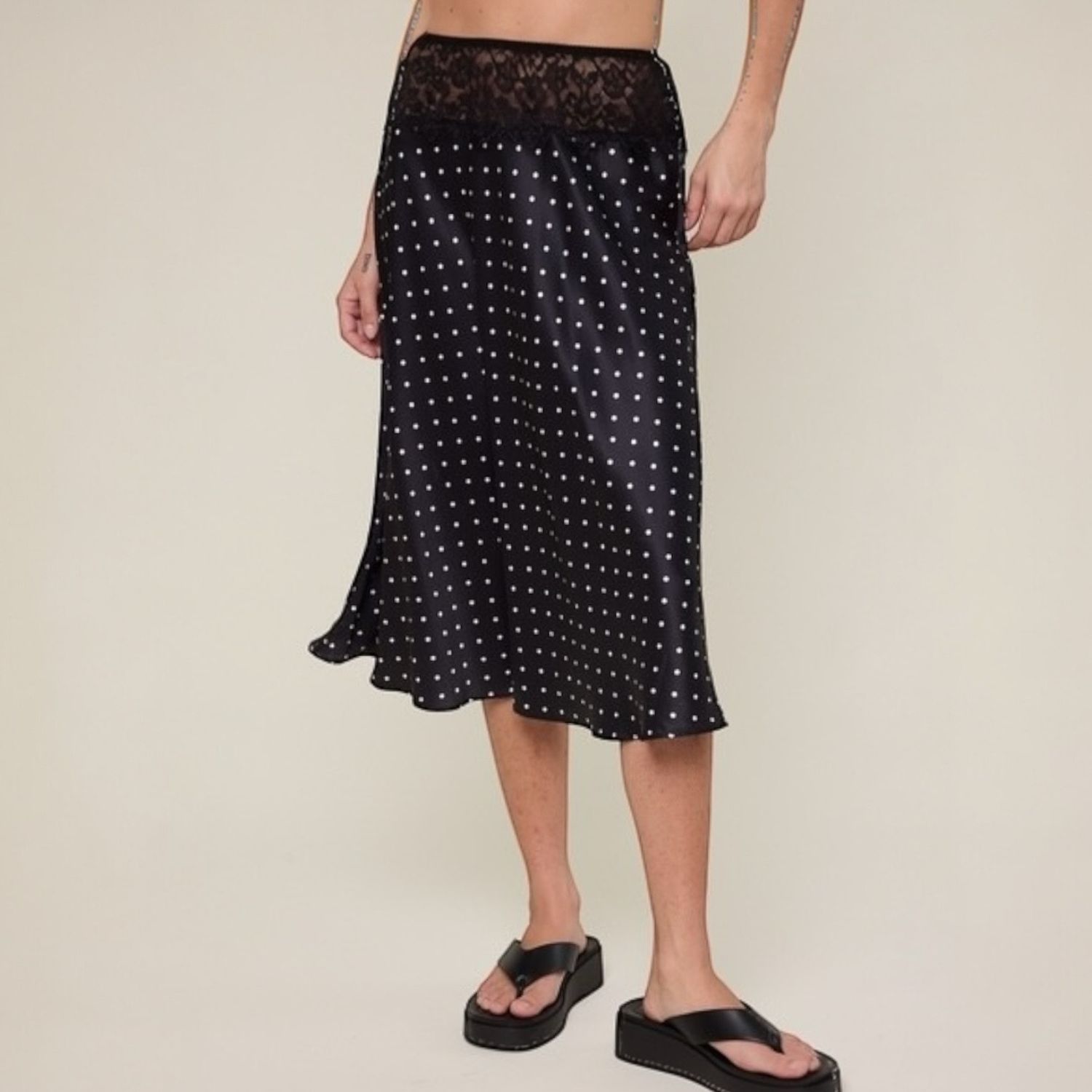 Satin Lace Top Midi Skirt-Dot