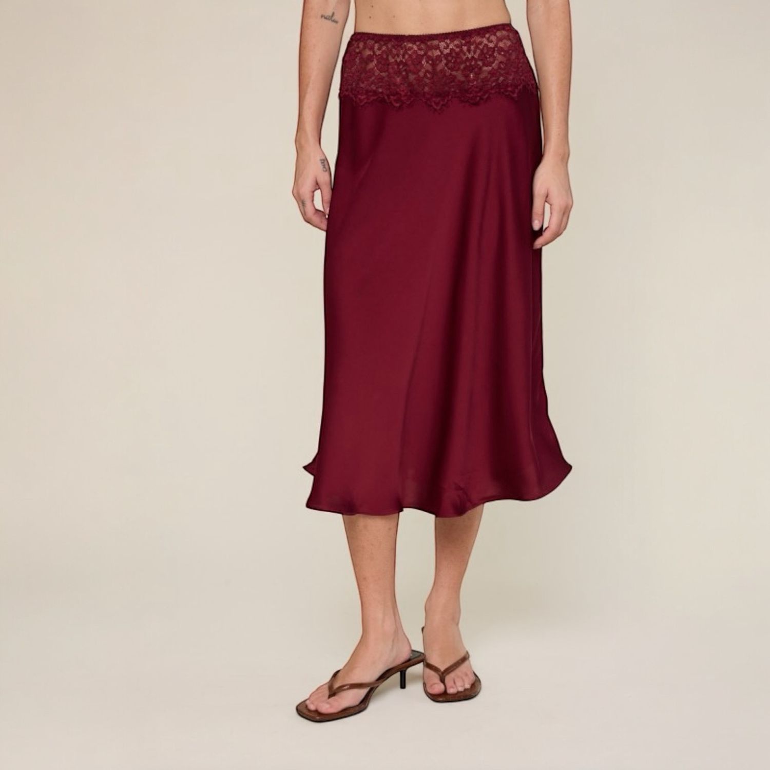 Satin Lace Top Midi Skirt-Crimson