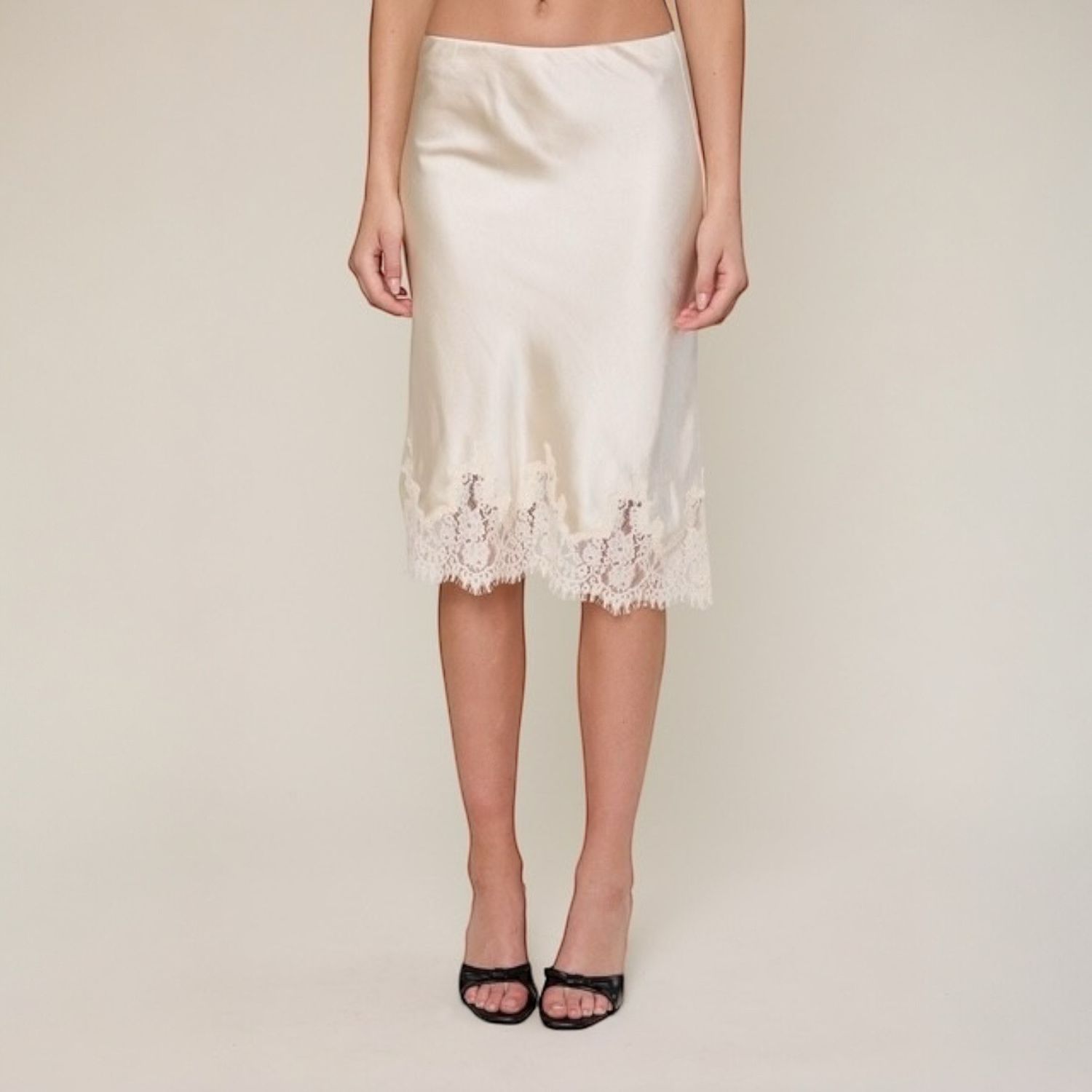 Satin Lace Bottom Midi Skirt-Cream