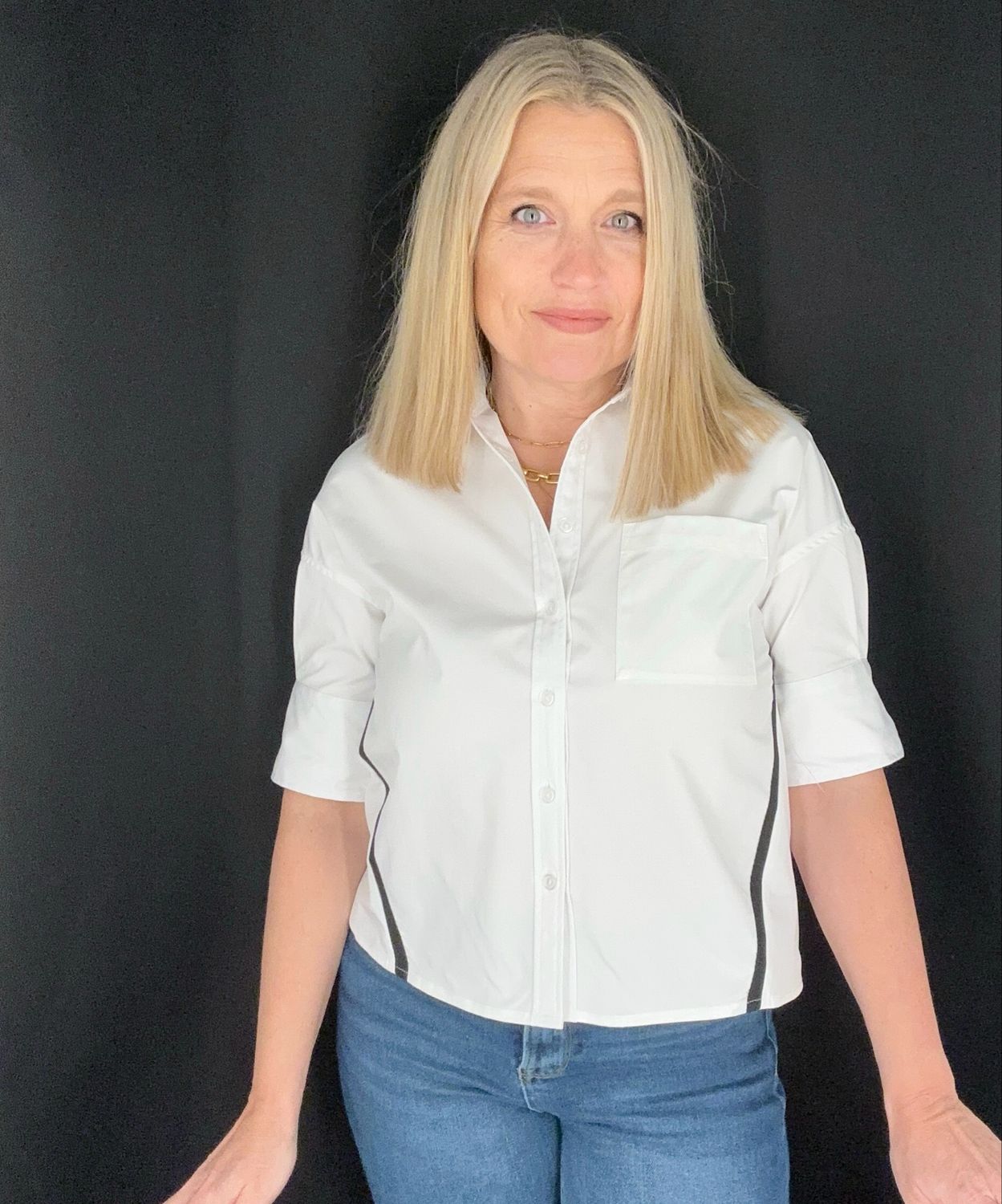 Boxy Stripe Detail Blouse-Wht