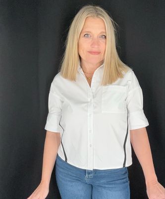 Boxy Stripe Detail Blouse-Wht