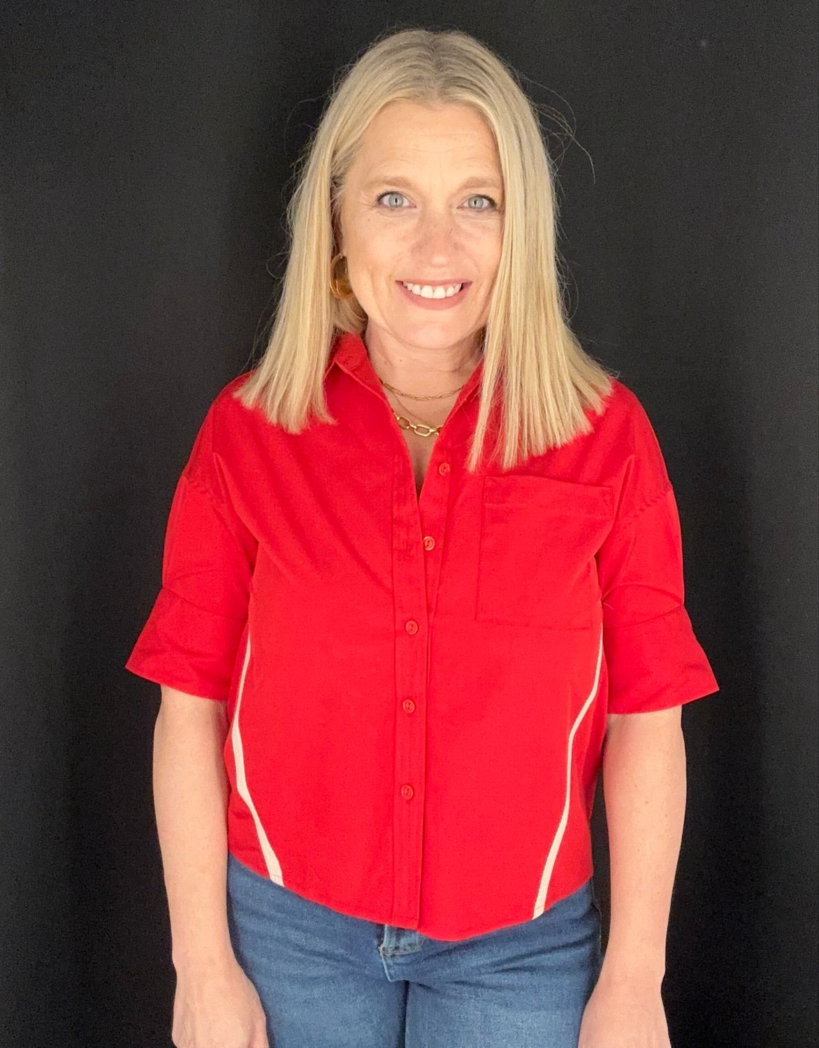 Boxy Stripe Detail Blouse-Red