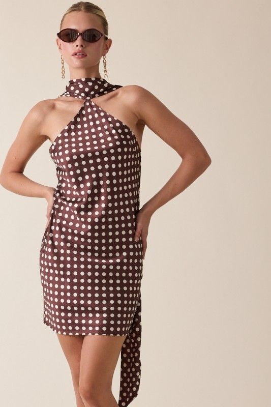 Dotty Scarf Halter Dress-Brn