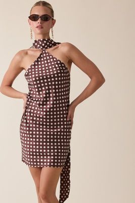Dotty Scarf Halter Dress-Brn